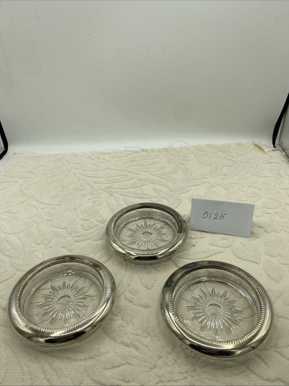 Vintage Leonard Silver Plated Coasters (3) Crystal Glass Sunburst 3.75” Diameter